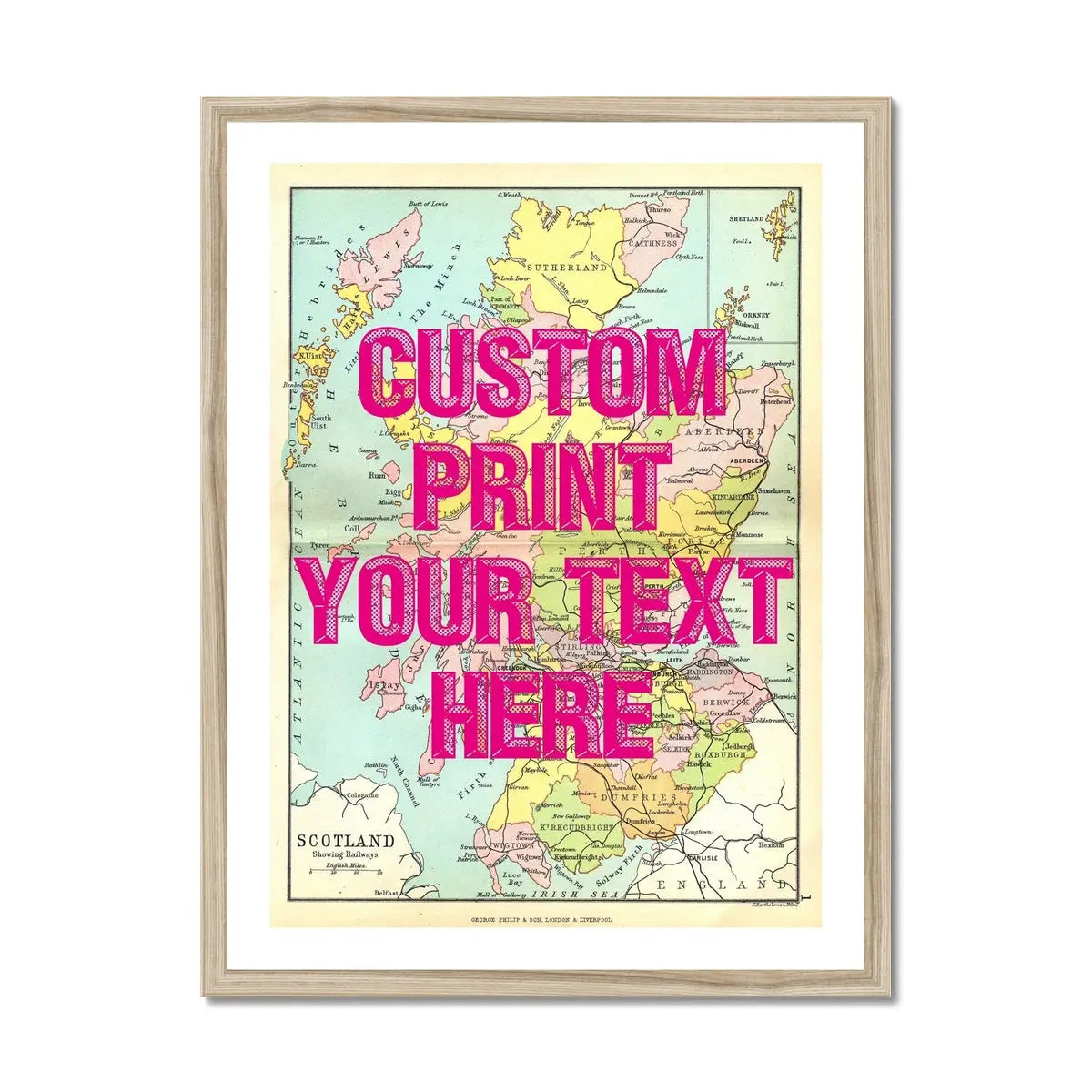 Framed personalised vintage map art print of Scotland with pink font - framed wall art