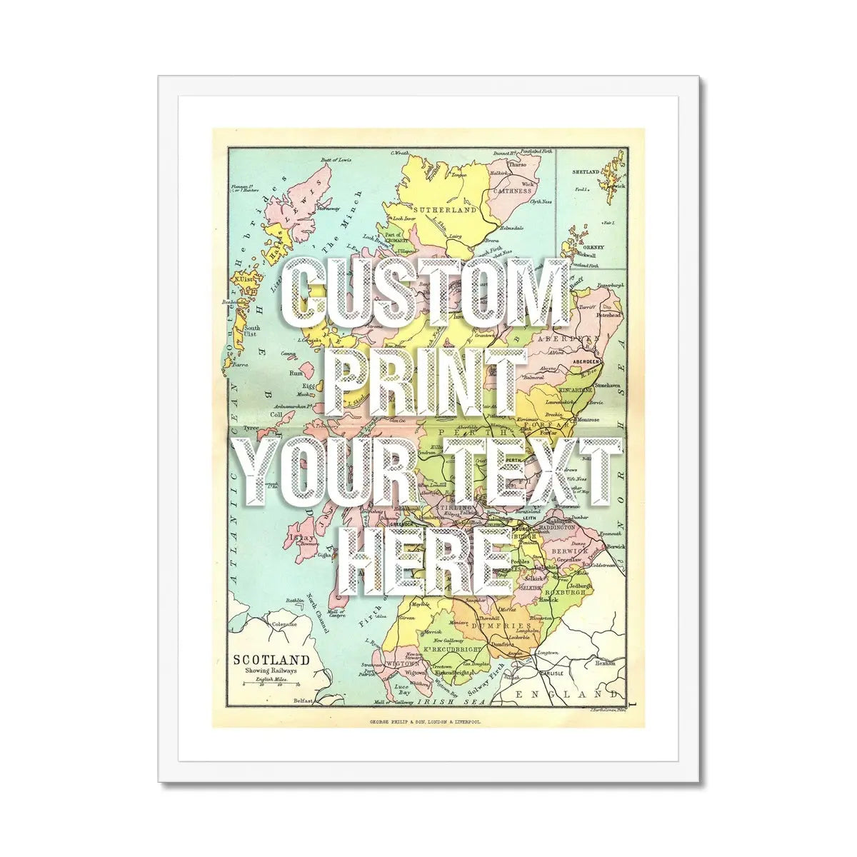 Framed personalised vintage map art print of Scotland with white font - framed wall art