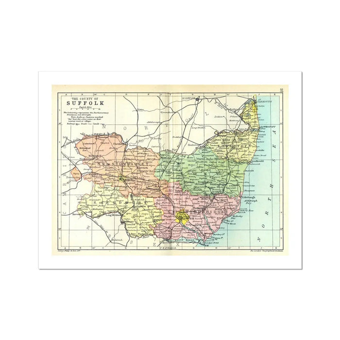 Vintage Map Print of Suffolk | Old Suffolk Map - Unframed Wall Art