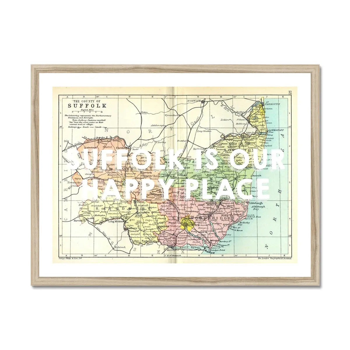 Suffolk is our Happy Place (Suffolk Map) Vintage Map Art - Framed - Beach House Art