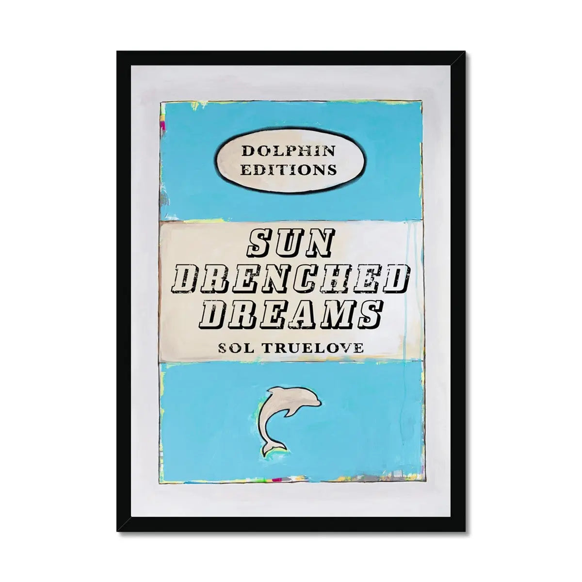 Sun Drenched Dreams Vintage Book Cover Art Print in blue colour - Framed