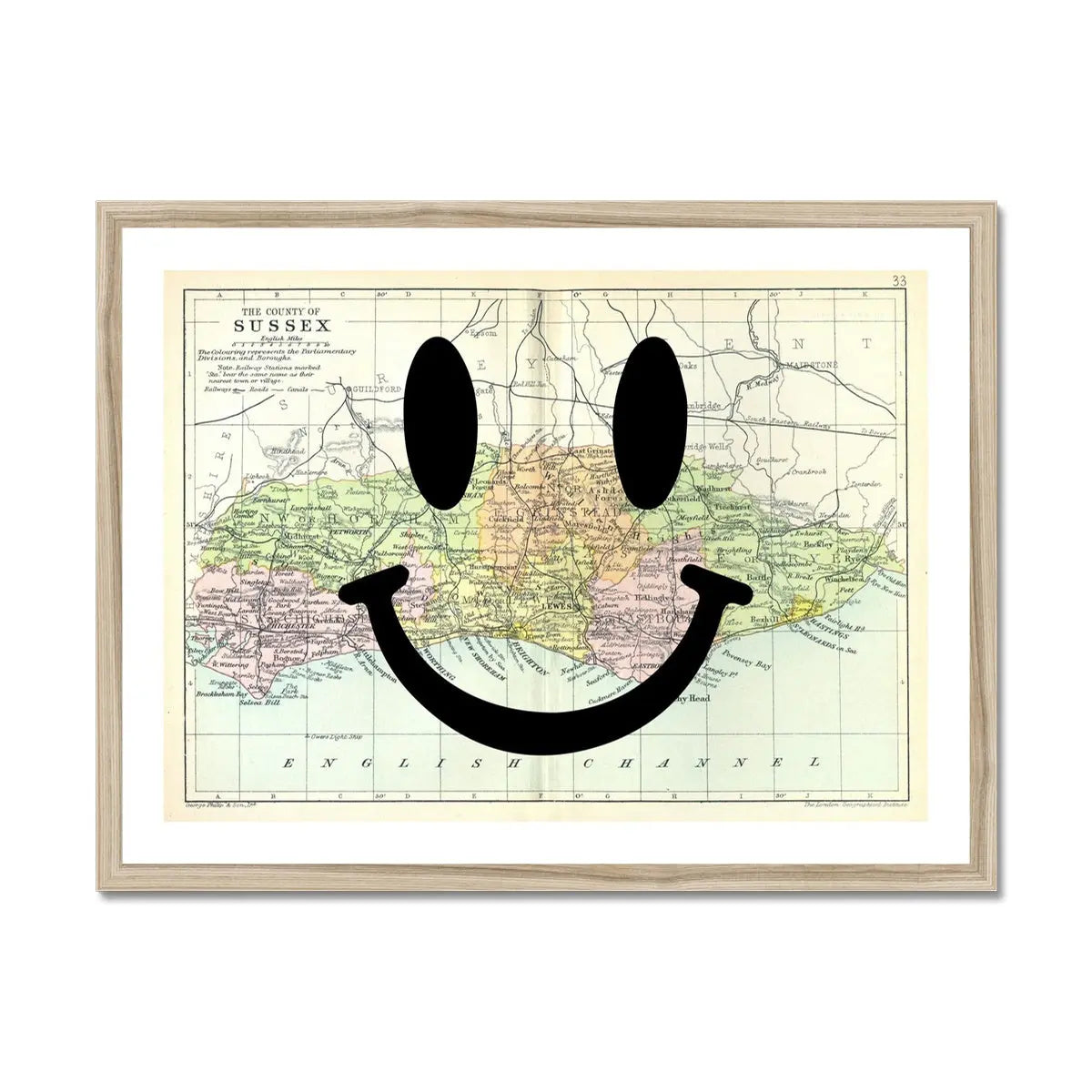Sussex Makes Me Happy (Sussex Map) Vintage Map Art - Framed Beach House Art