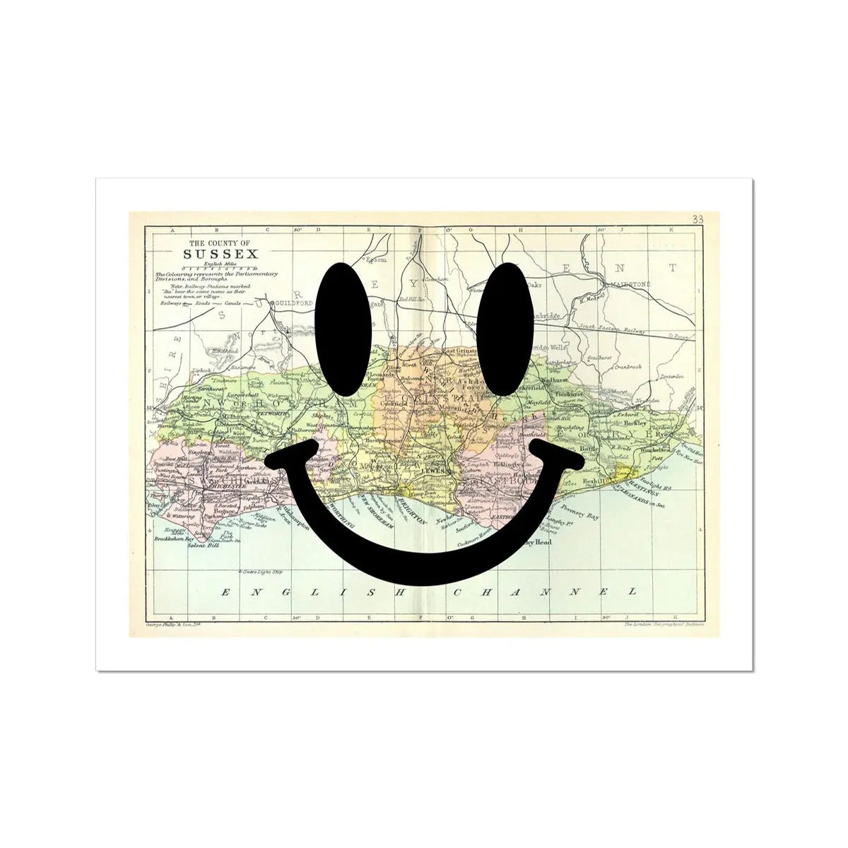 Sussex Makes Me Happy (Sussex Map) Vintage Map Art - Unframed - Beach House Art