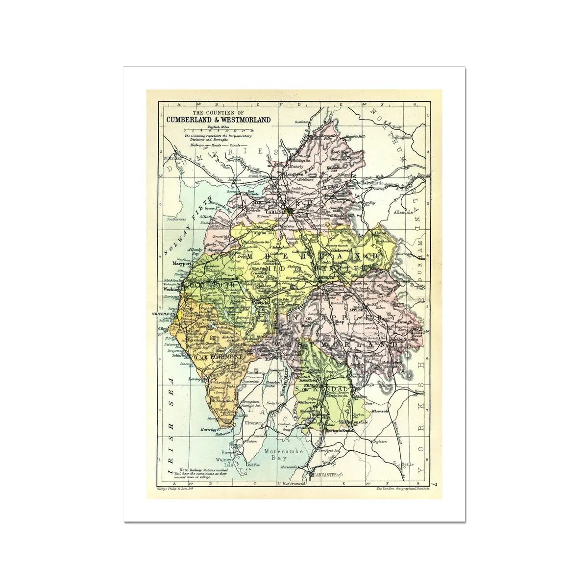The Lakes (Lake District Map) Vintage Map Art - Unframed - Beach House Art
