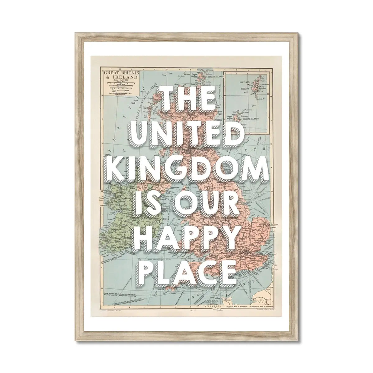 The United Kingdom is our Happy Place | Vintage UK Map - Framed | Beach House Art