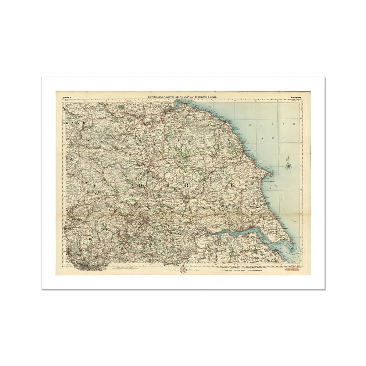 Yorkshire Map Print | Vintage Map Print Of Yorkshire - Unframed