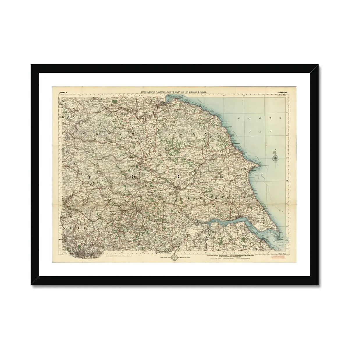 Framed Yorkshire Map Print | Vintage Map Print | Yorkshire - Framed