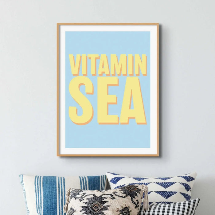 Framed word art print of 'Vitamin Sea' in blue colour - coastal wall art