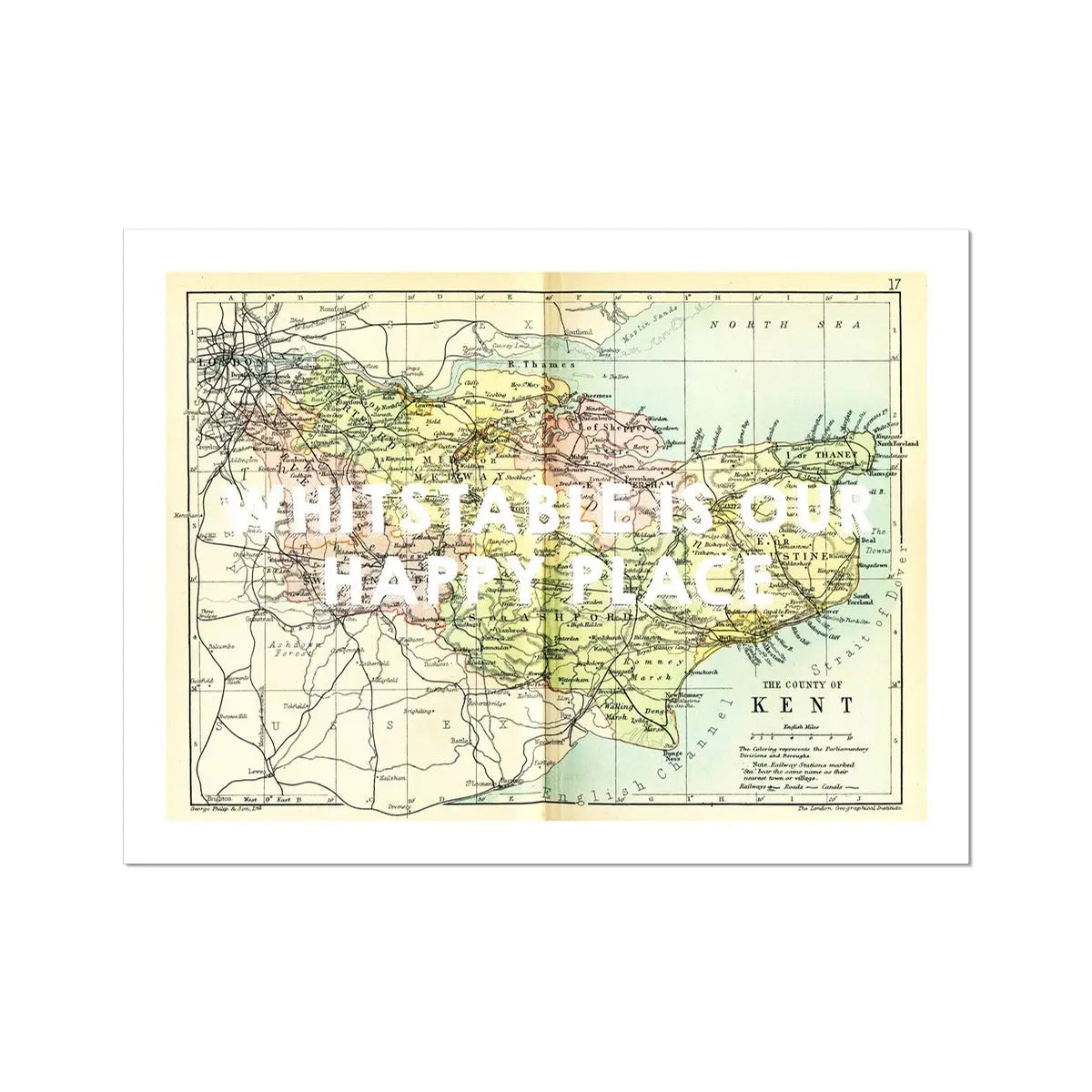 Whitstable is our Happy Place (Kent Map) Vintage Map Art - Unframed - Beach House Art