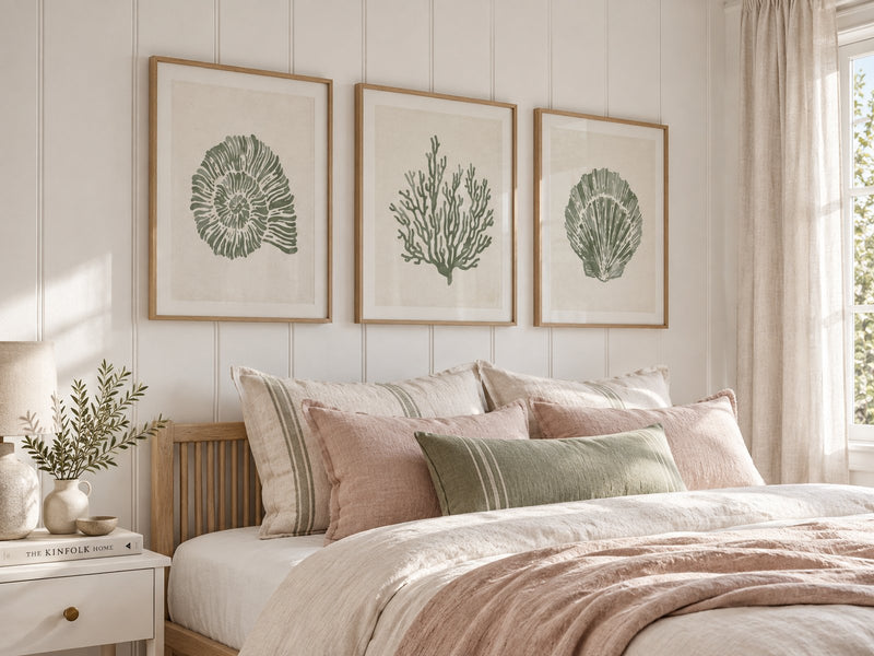 sage green shell and coral art prints styled in a neutral bedroom with natural textures