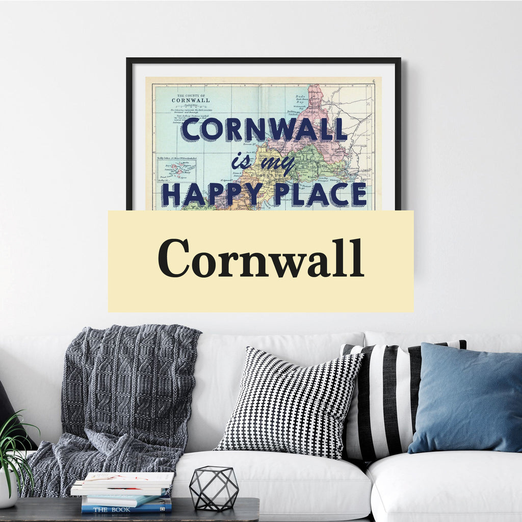 Vintage Cornwall Map Art Prints - Beach House Art