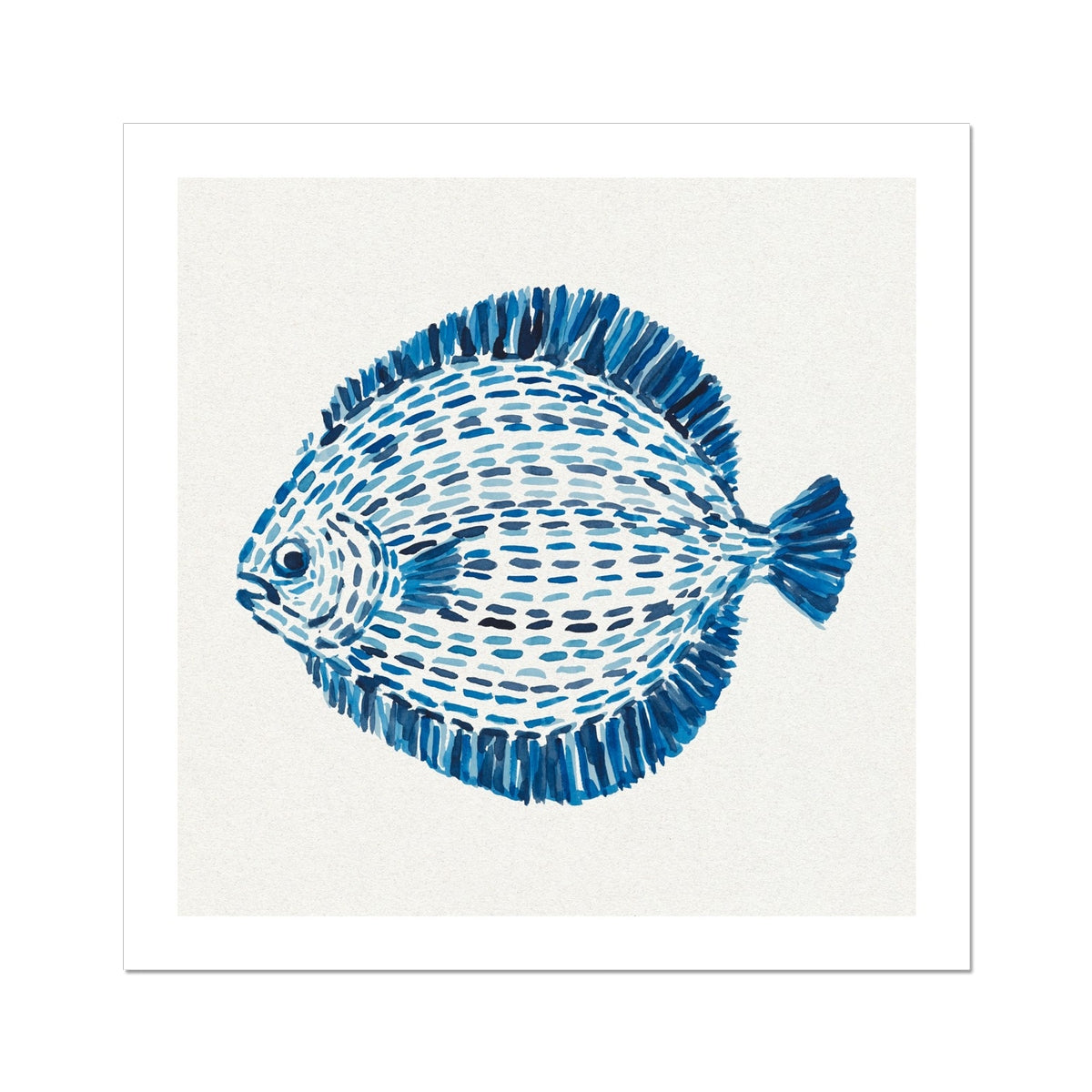 Contemporary blue fish artwork painted with layered watercolour brushstrokes on a neutral background.