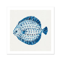 Contemporary blue fish artwork painted with layered watercolour brushstrokes on a neutral background.