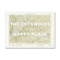 Map print of The Cotswolds with text 'The Cotswolds is our happy place' on a white background