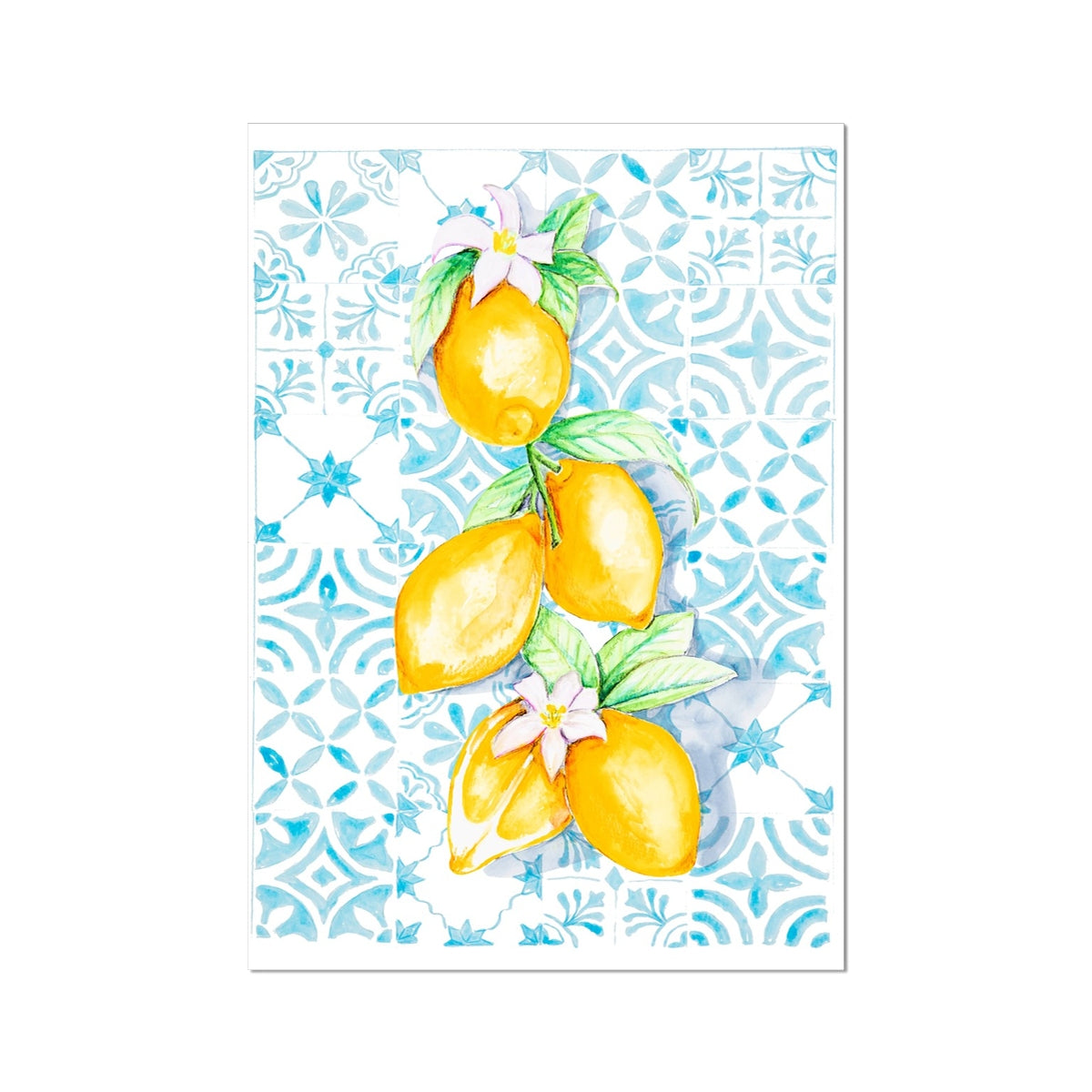 Decorative paper with watercolor lemons and floral design on a blue patterned background