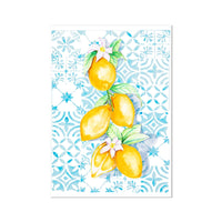 Decorative paper with watercolor lemons and floral design on a blue patterned background