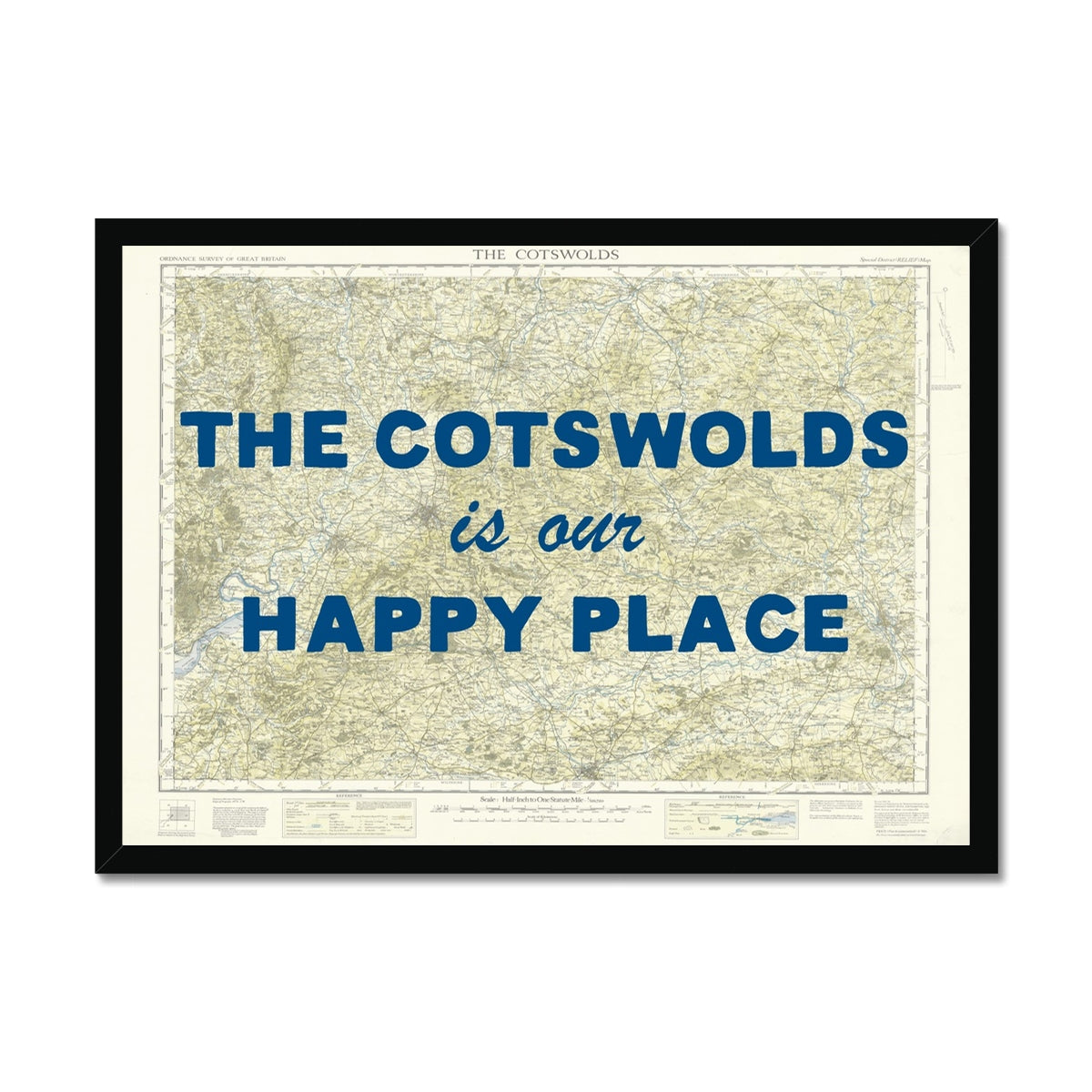 Framed map with 'The Cotswolds is our Happy Place' text on a white background