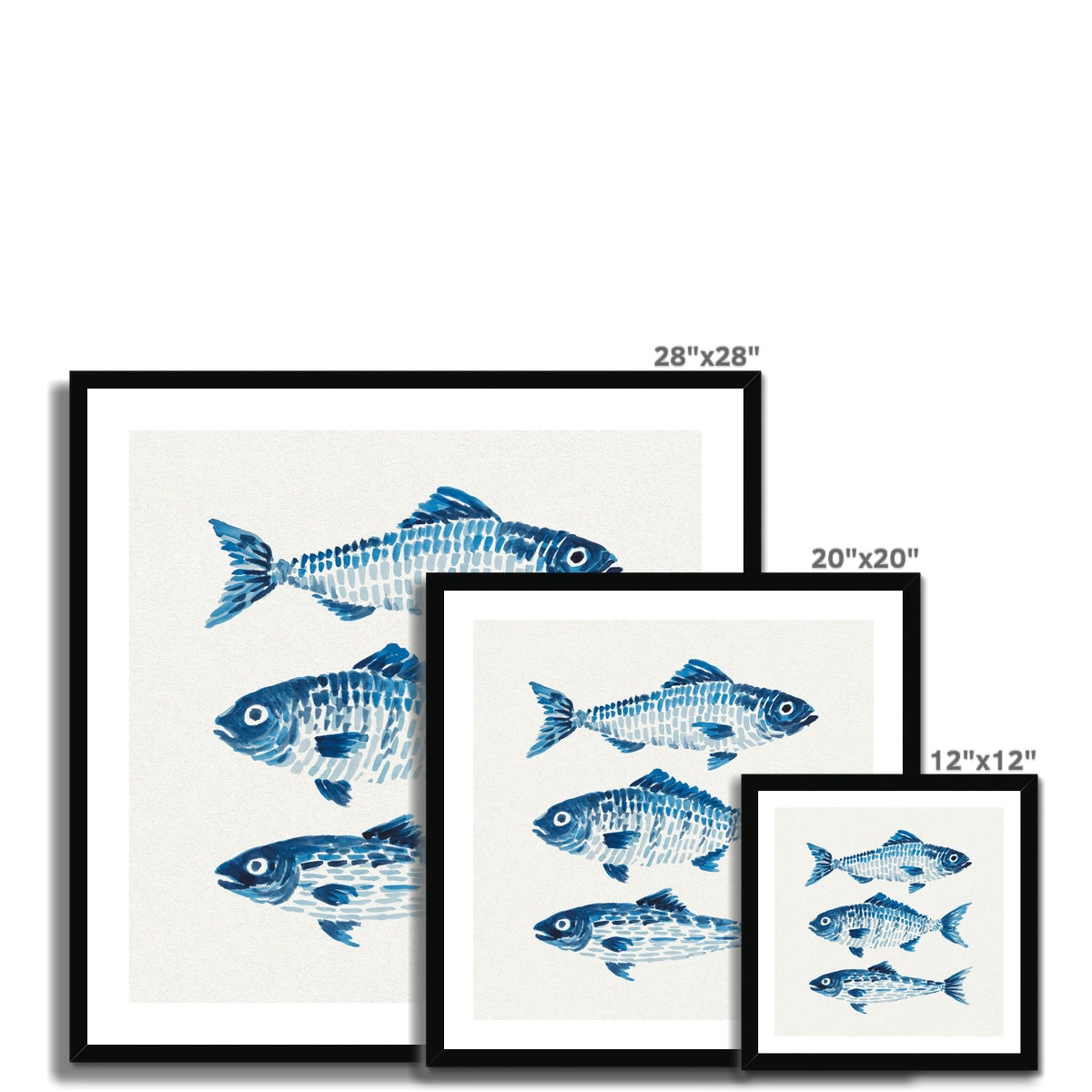 Set of framed prints with blue fish illustrations and dimensions on a white background