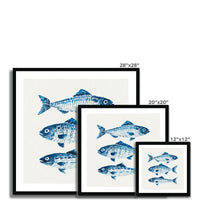 Set of framed prints with blue fish illustrations and dimensions on a white background