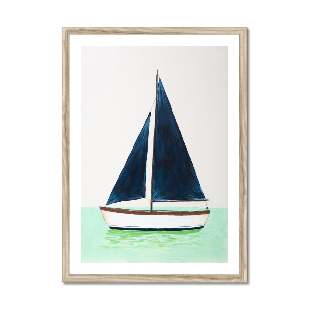 Framed artwork of a sailboat with blue sails on a light green background