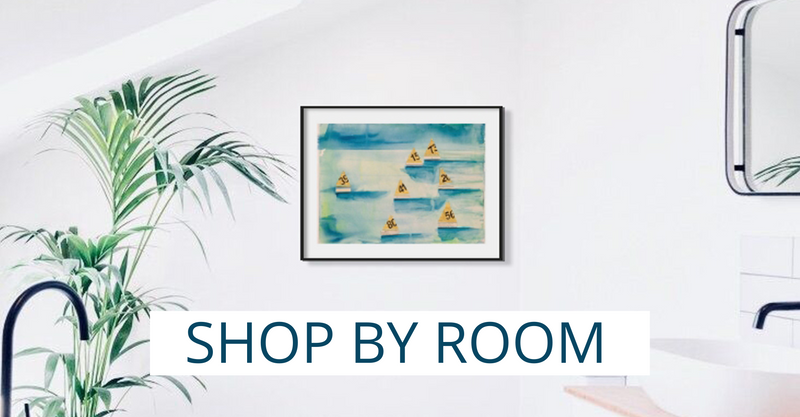 shop art by room in your home link image. sailing boat image in white bathroom with black taps.