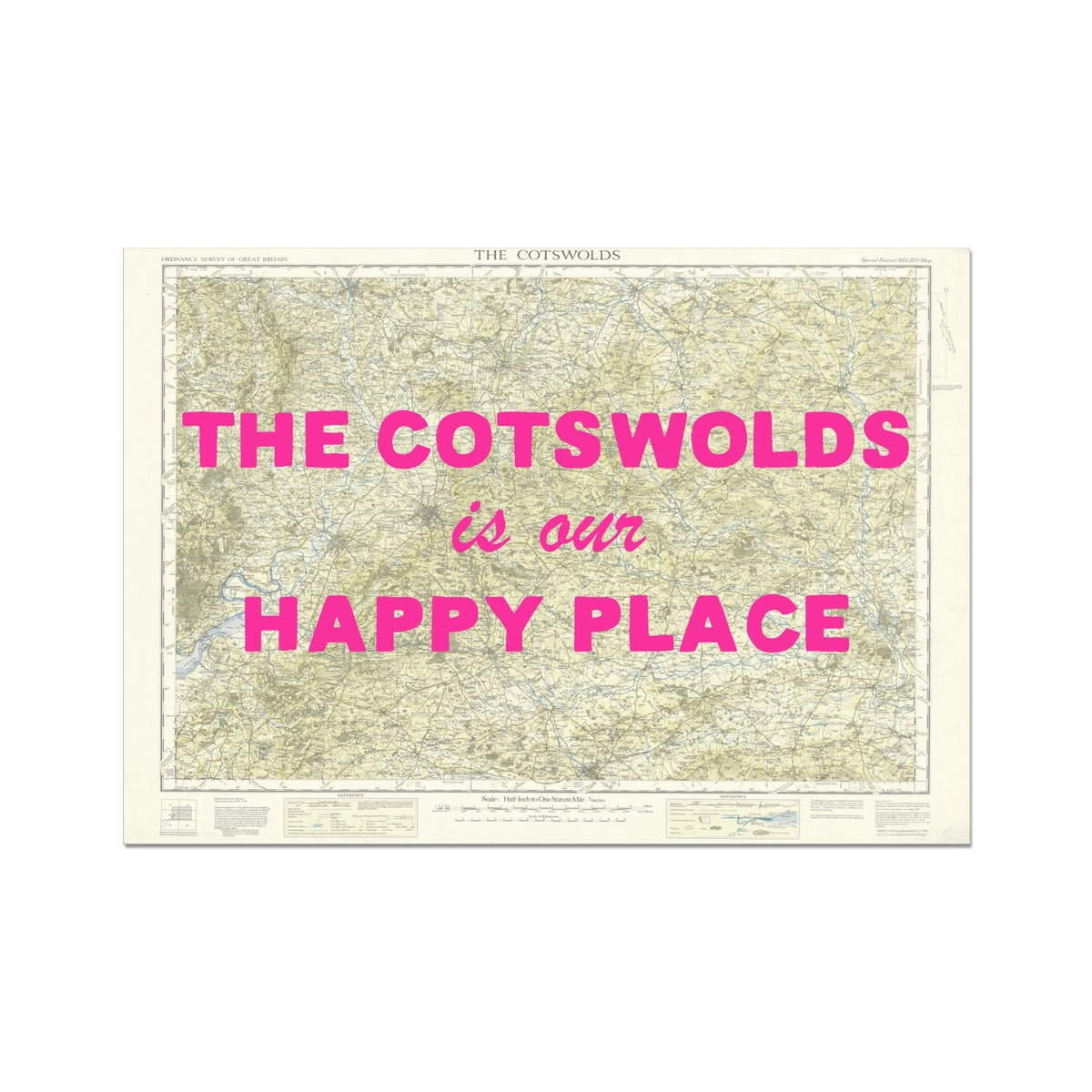 Map of The Cotswolds with text 'The Cotswolds is our happy place' in pink on a white background