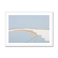 Framed artwork of a minimalist seascape on a light blue background.