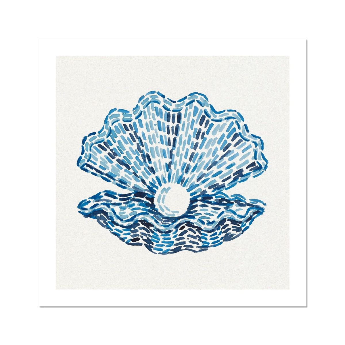 Pearl clam shell art print in layered blue tones by Beach House Art