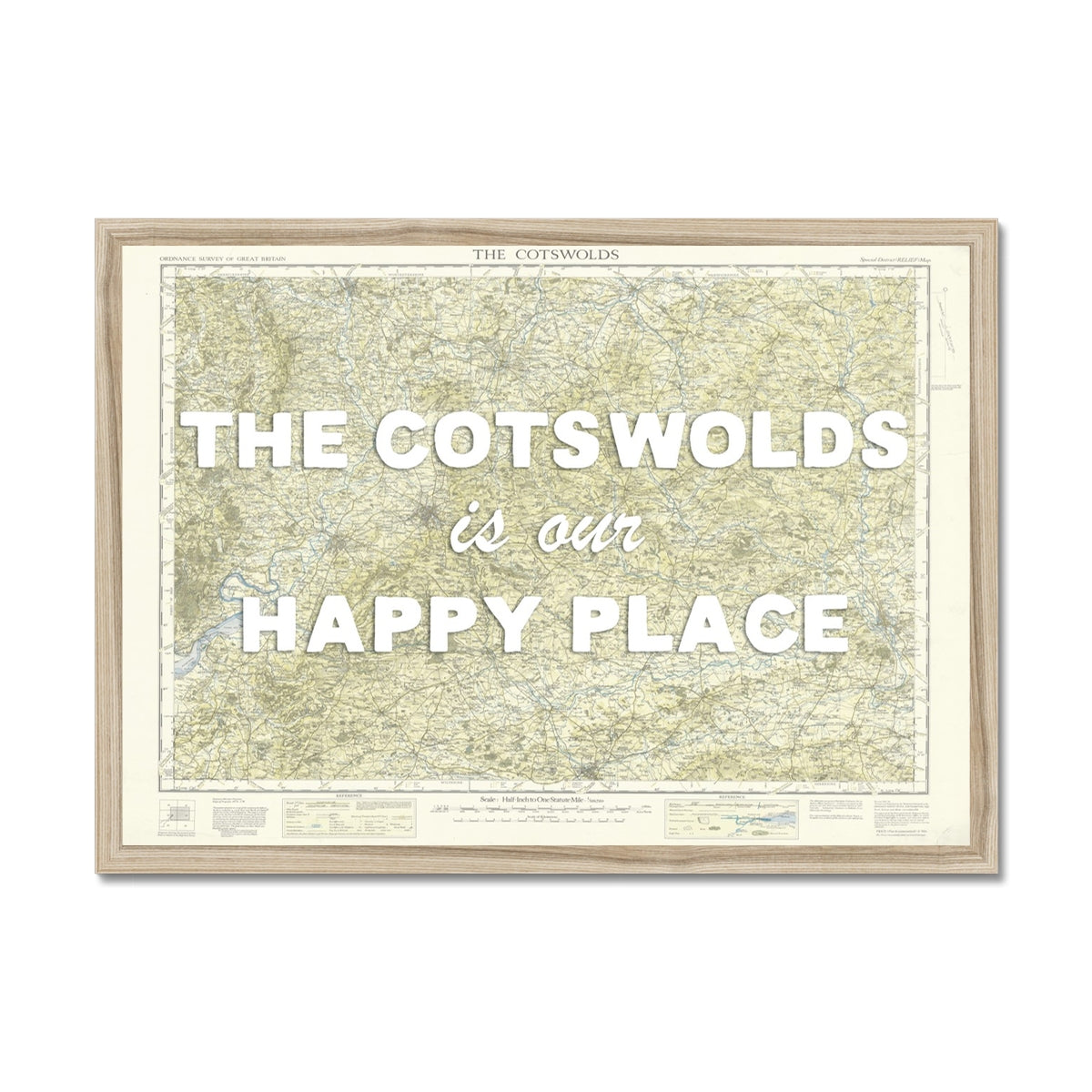 Framed map with 'The Cotswolds is our happy place' text on a white background