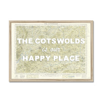 Framed map with 'The Cotswolds is our happy place' text on a white background