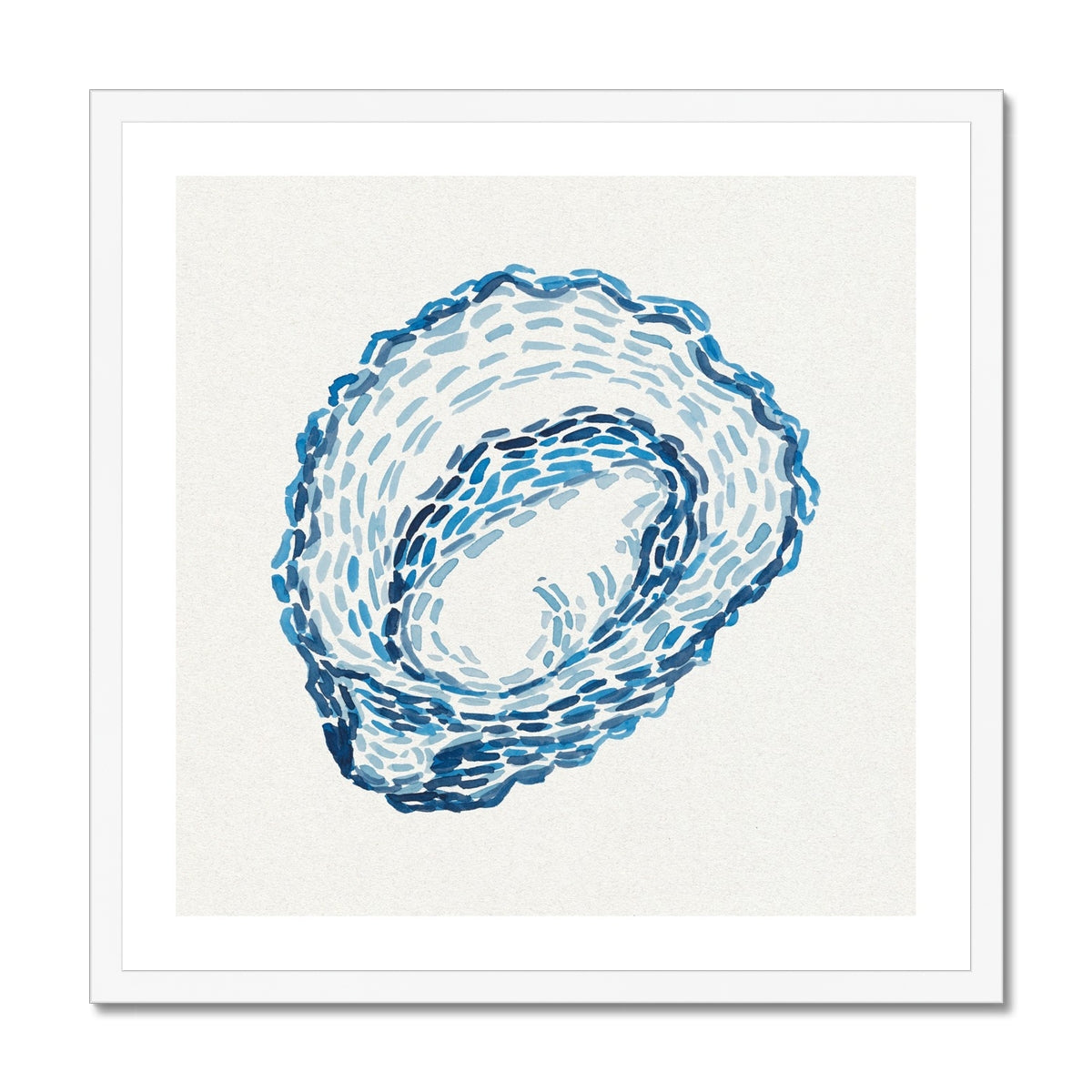 Framed artwork of a blue oyster on a white background