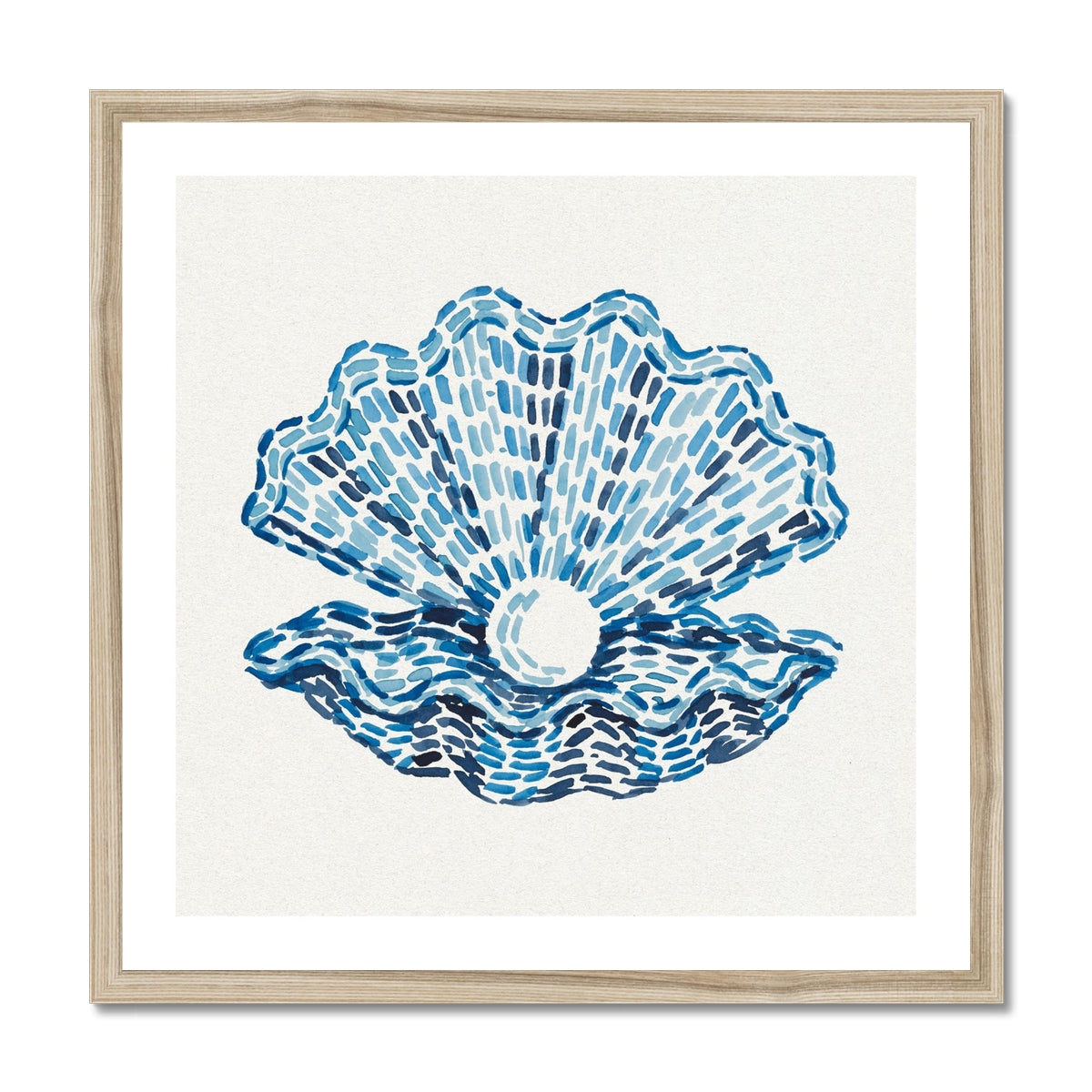 Pearl and clam shell art print in layered blue tones by Beach House Art