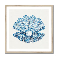 Pearl and clam shell art print in layered blue tones by Beach House Art