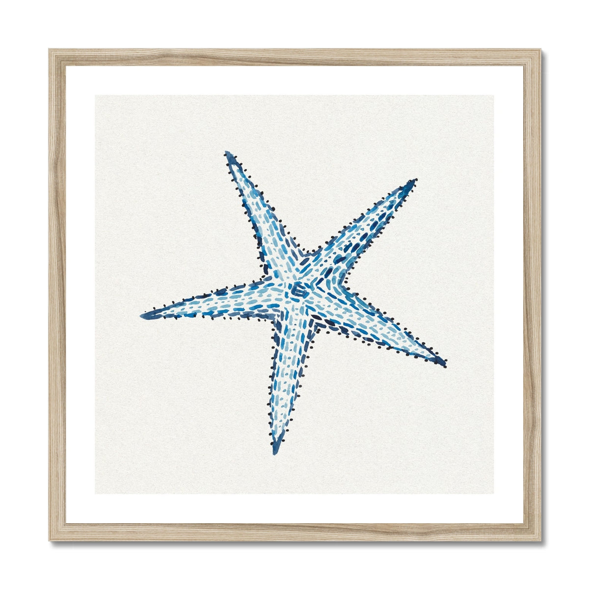 Framed artwork of a blue starfish on a white background