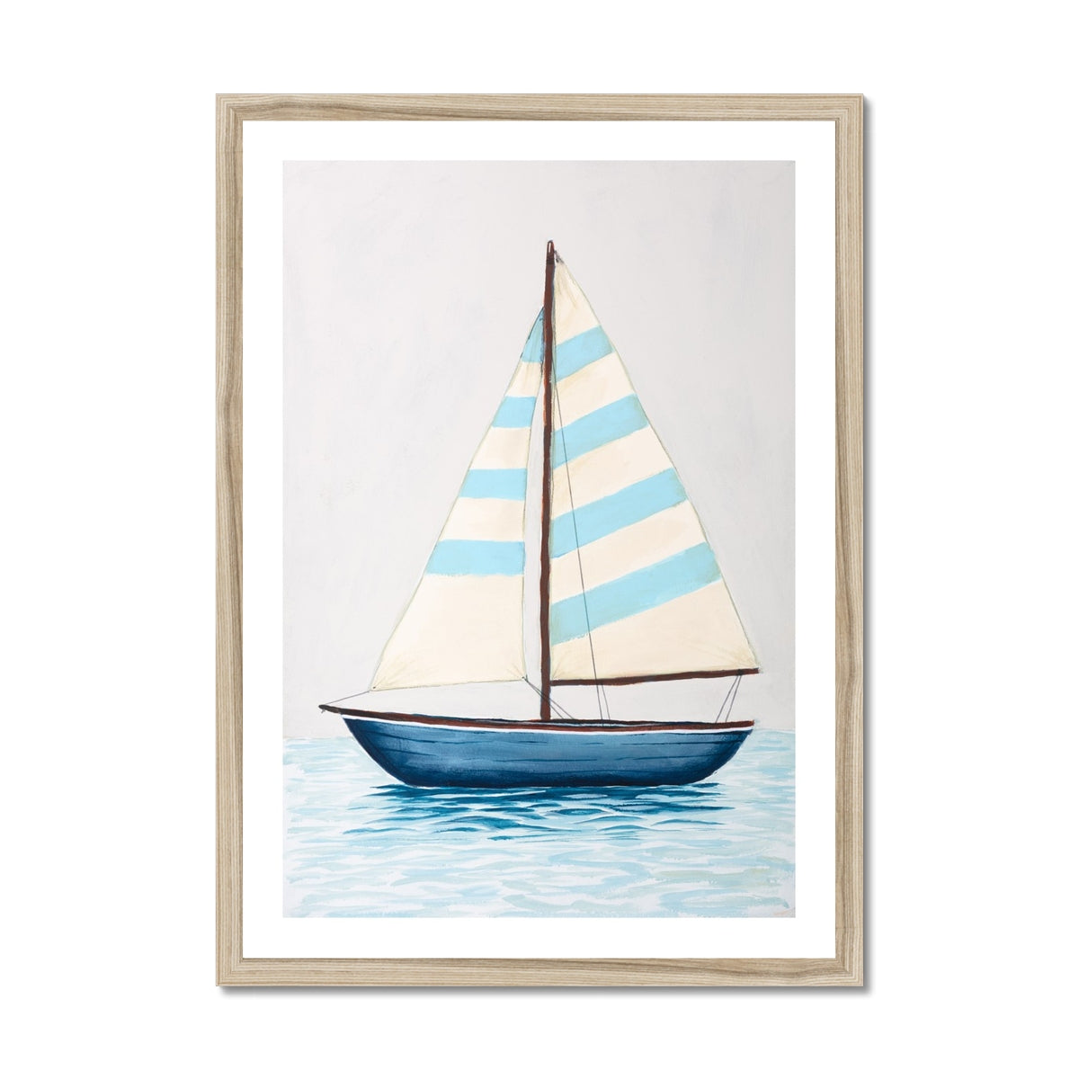 Framed artwork of a sailboat with striped sails on a light gray background