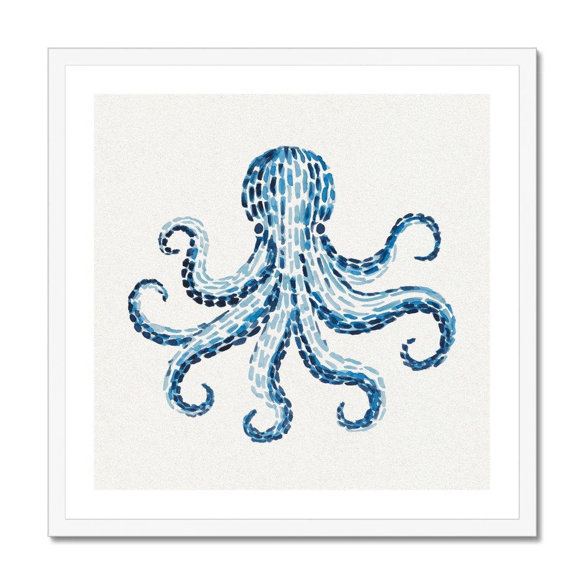 Framed artwork of a blue octopus on a white background