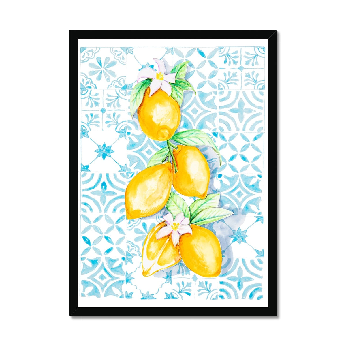 Framed artwork of lemons and flowers on a patterned background