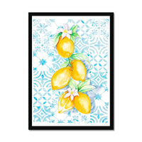 Framed artwork of lemons and flowers on a patterned background