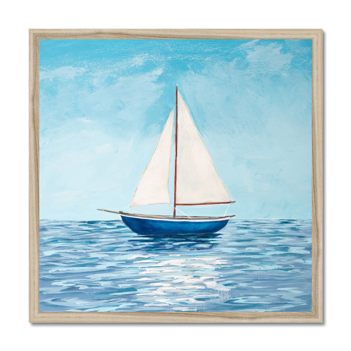Sailing boat painting with natural wood frame