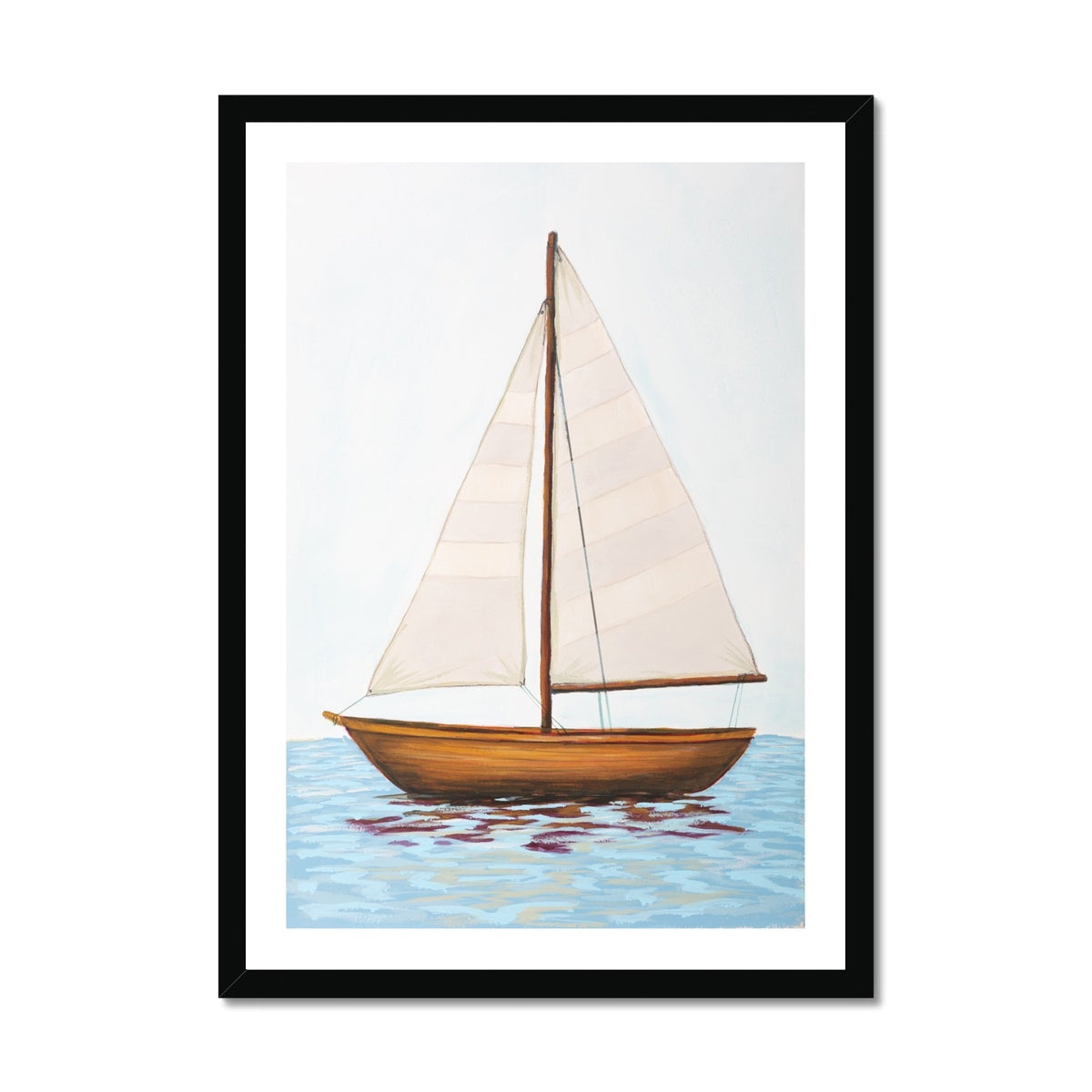 Framed artwork of a sailboat on water with a white background