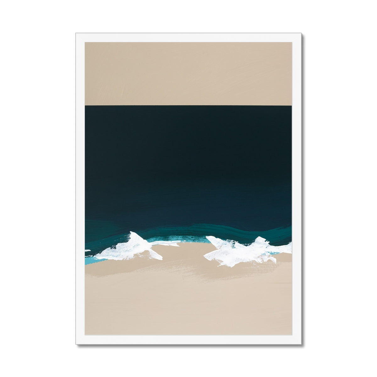 Framed artwork of a beach scene with blue water and beige sand.