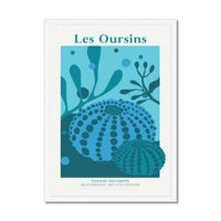 Blue sea urchin artwork and 'Les Oursins' text on a white background