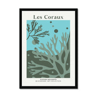 Framed green coral artwork of an underwater scene with coral and seaweed, titled 'Les Coraux'.