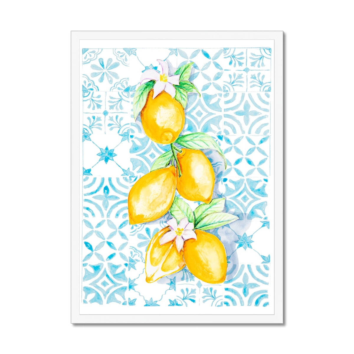 Framed artwork of lemons and flowers on a blue patterned background
