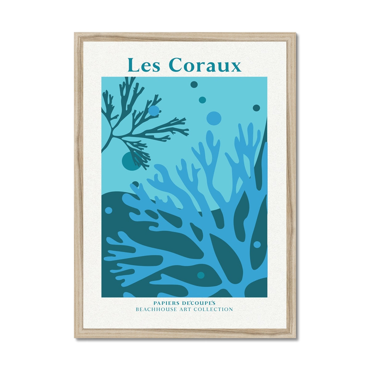 Framed coral artwork of an underwater scene with coral and 'Les Coraux' text on a white background