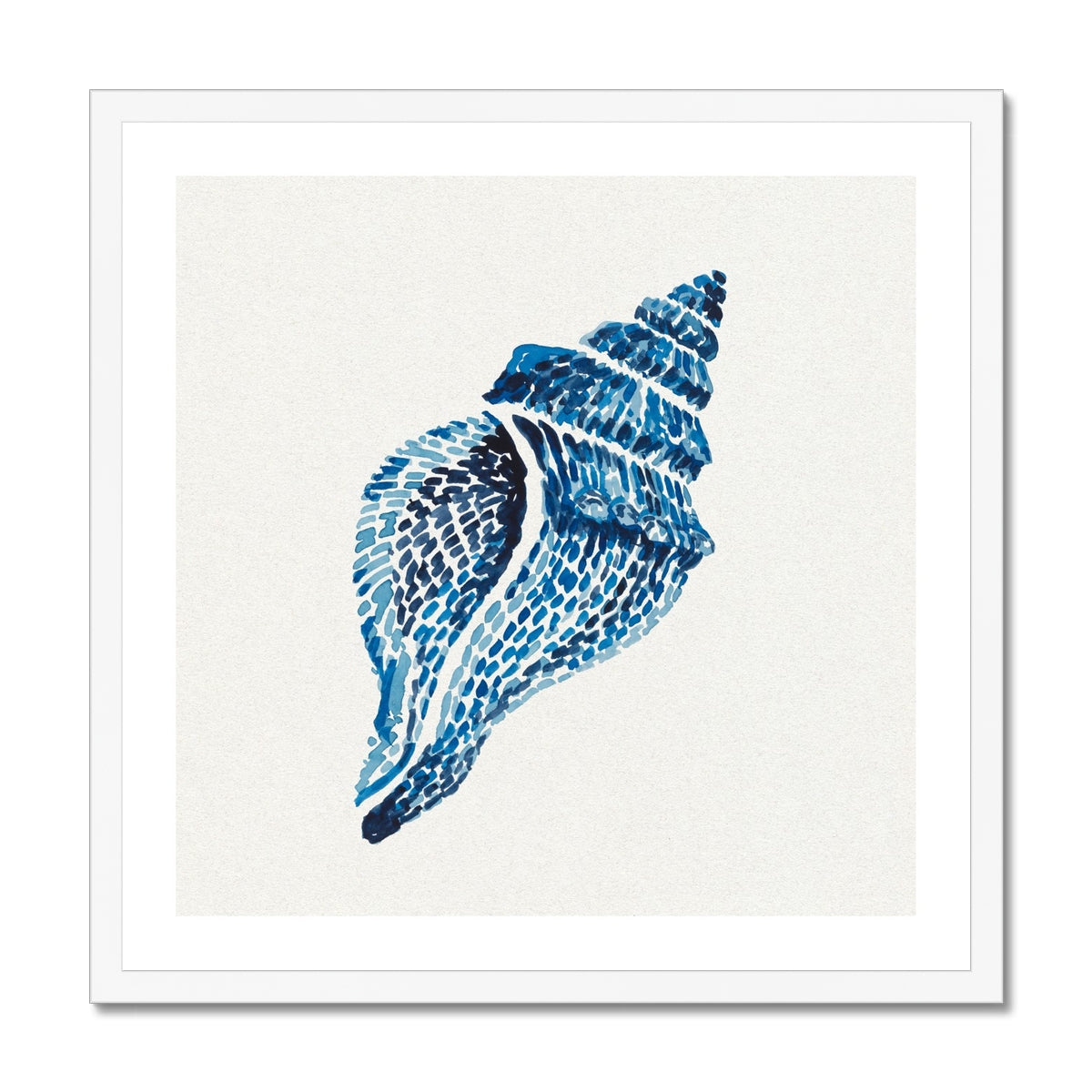 Framed artwork of a blue shell on a white background
