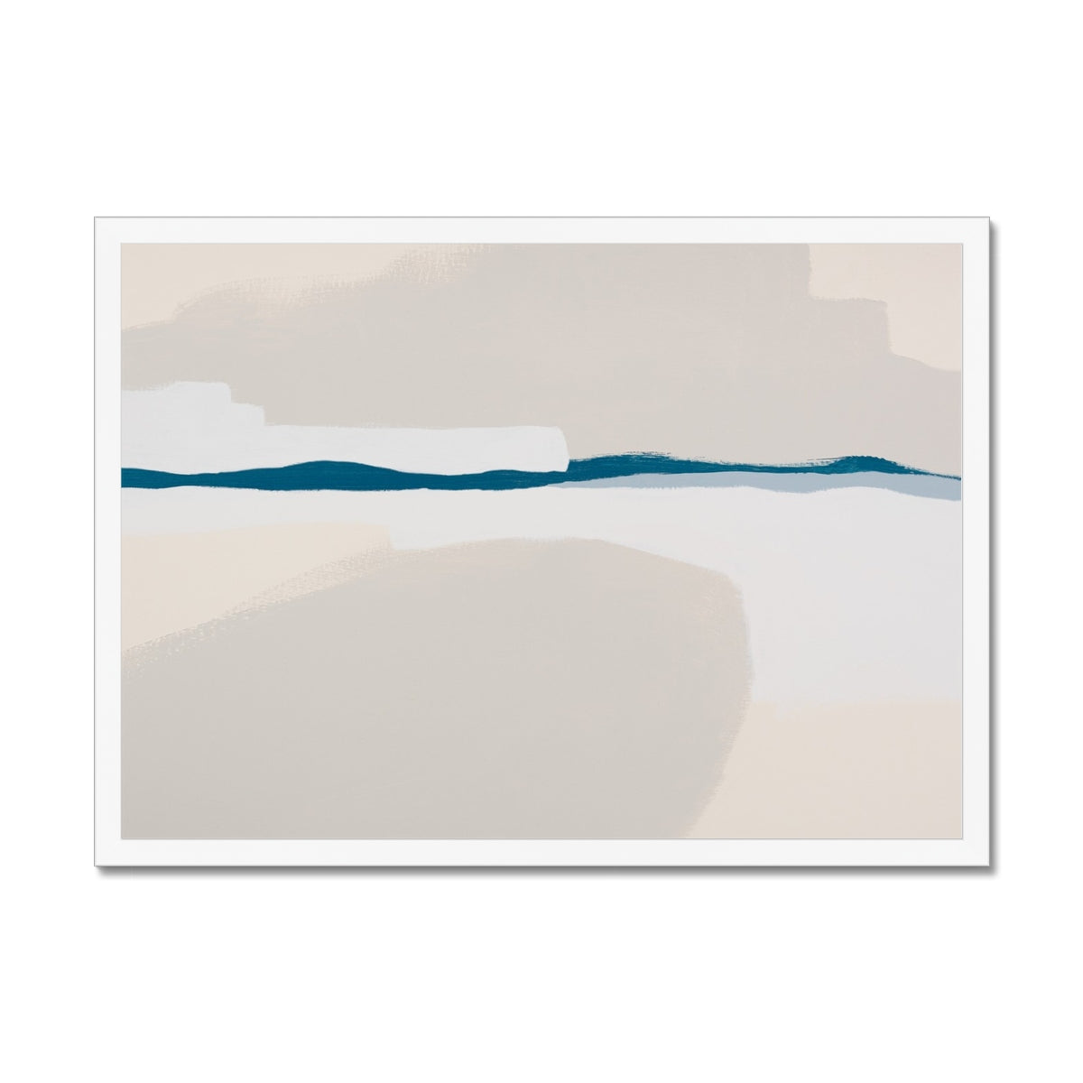 Abstract art piece with geometric shapes in beige, blue, and white on a white background