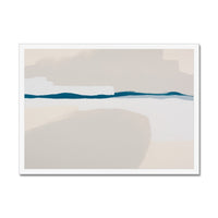 Abstract art piece with geometric shapes in beige, blue, and white on a white background