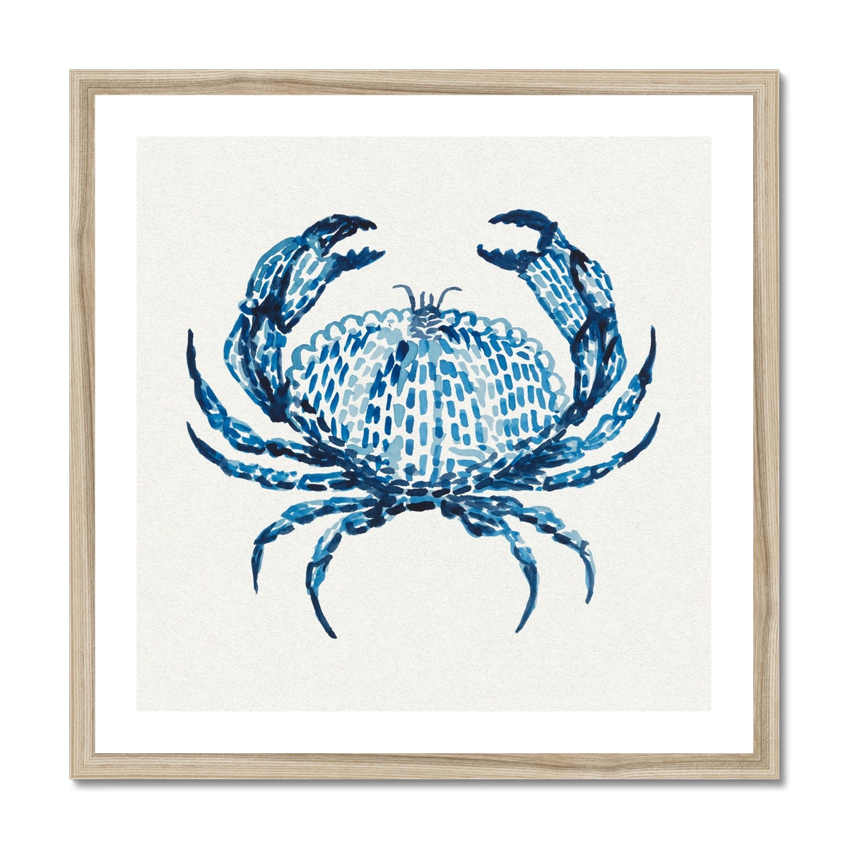 Framed artwork of a blue crab on a white background