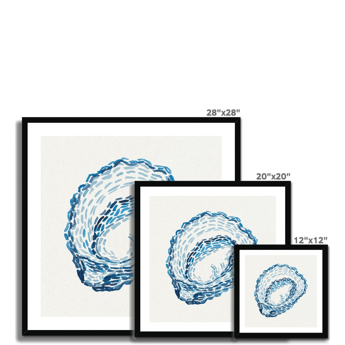 Set of three framed artworks with blue oyster paintings on a white background, showing different sizes.
